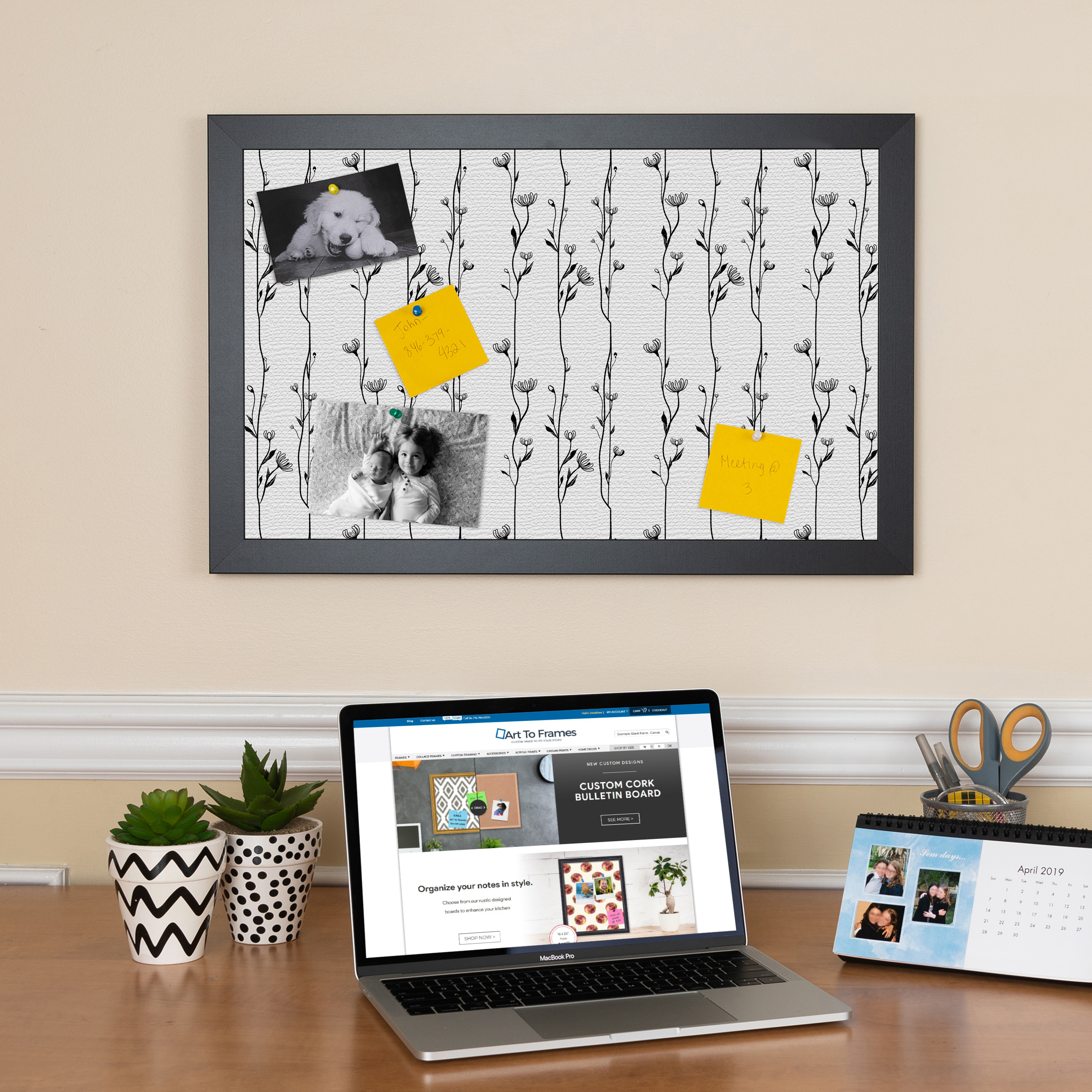 Details Zu Arttoframes Custom Cork Bulletin Board Black White Floral Framed In Satin Black