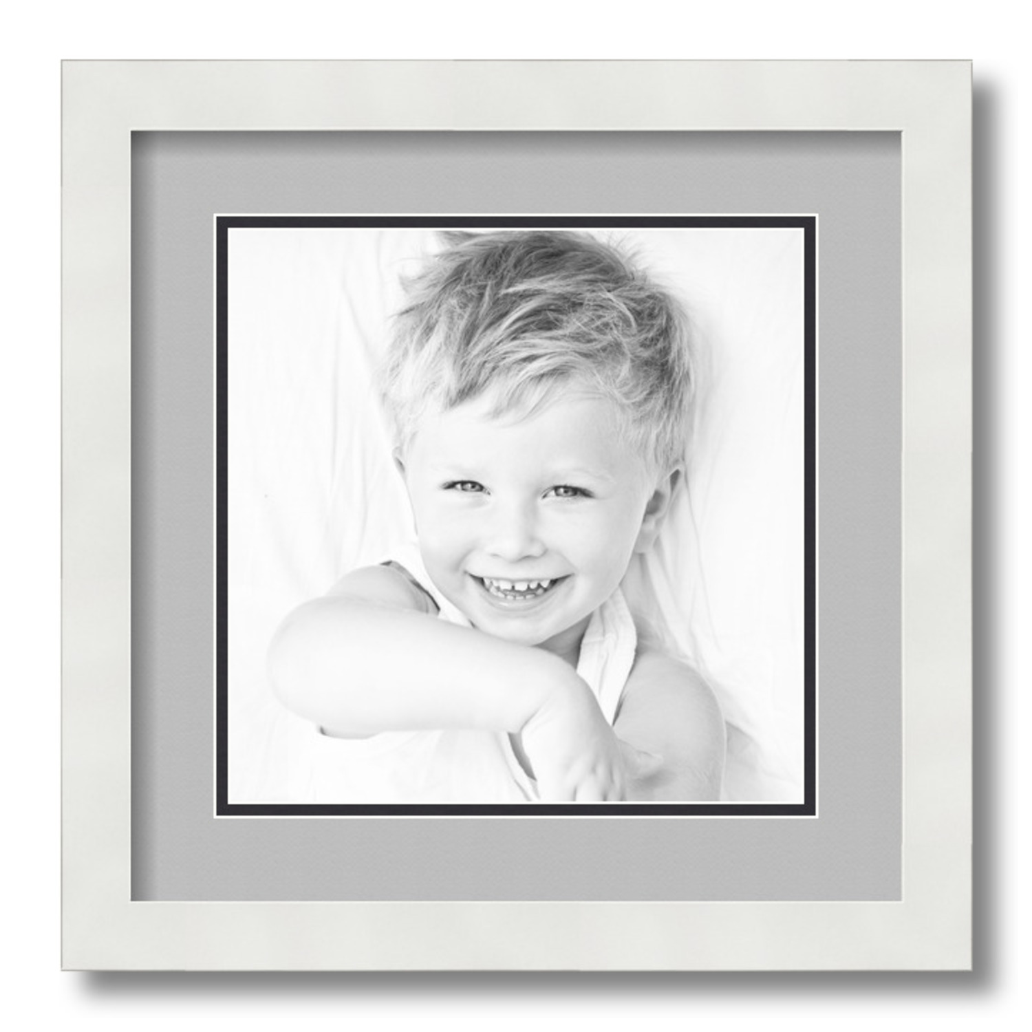 ArtToFrames 14x14 Matted Picture Frame with 10x10 Inch Double Mat Opening Framed in 1.25 Satin White Frame and 2 TV Grey and Black Mats. by
