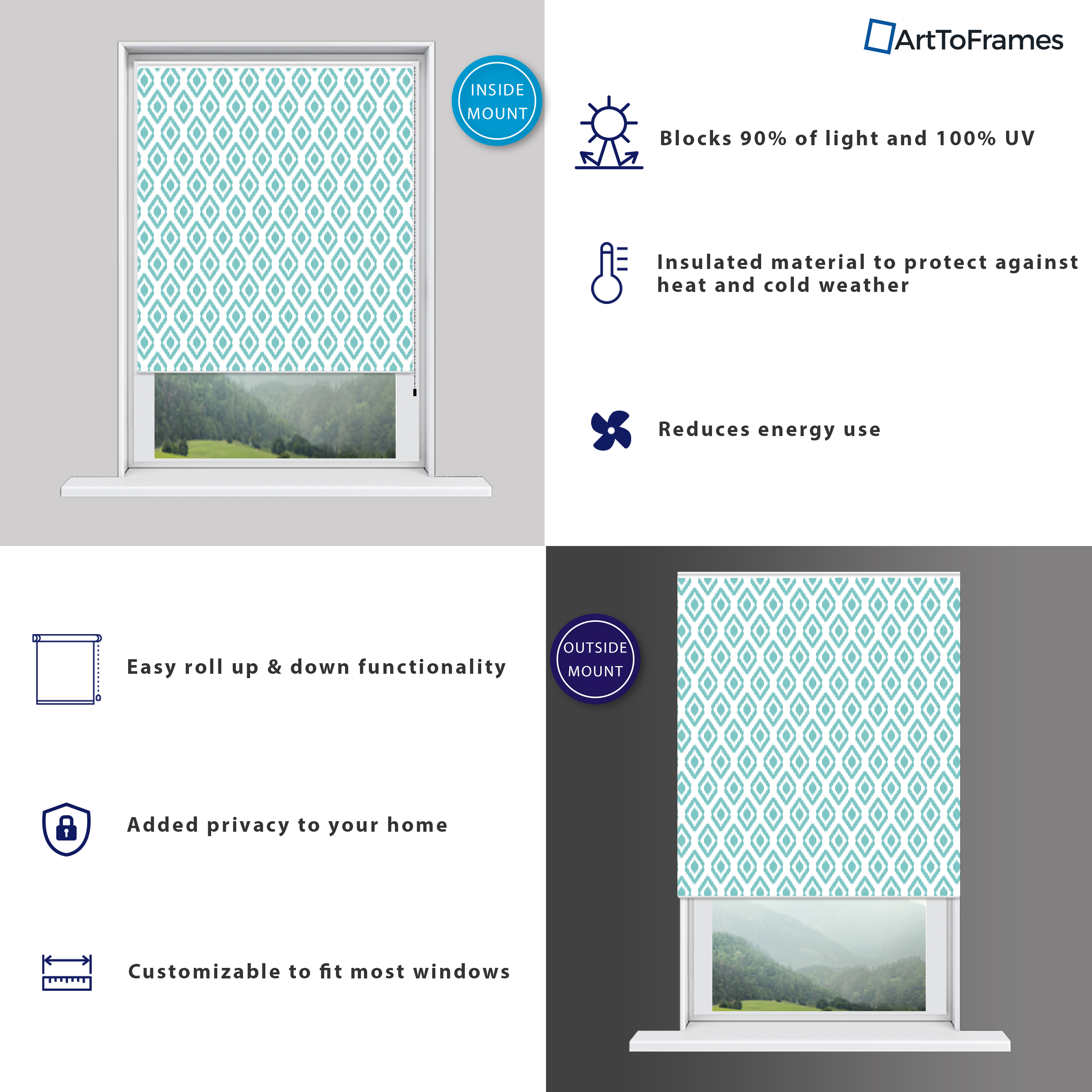 ArtToFrames Custom Window Shade - Blackout Ikat Light Blue Design Reversed Roll - Picture 8 of 888